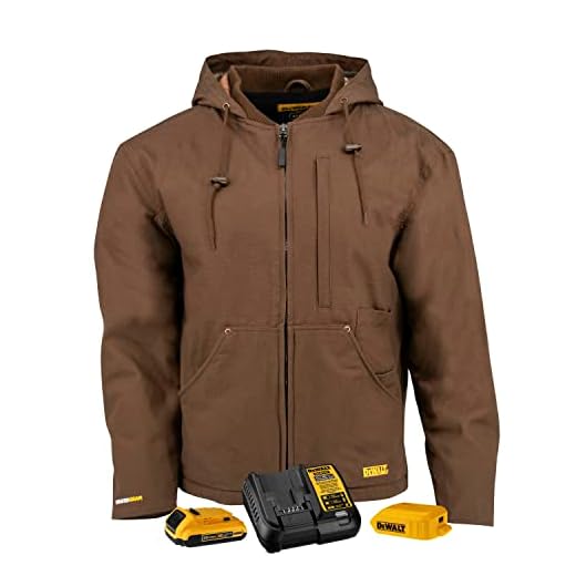 DEWALT DCHJ076A Heated Heavy Duty Work Coat Kit with 2.0Ah Battery and Charger Tobacco, Large
