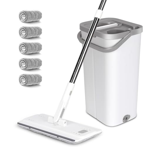 MASTERTOP Juego de fregona Plana y Cubo, fregona de Microfibra con 10 Almohadillas Reutilizables para fregona y Mango de Acero Inoxidable, Manos Libres, mármol, Madera Dura (Blanco)