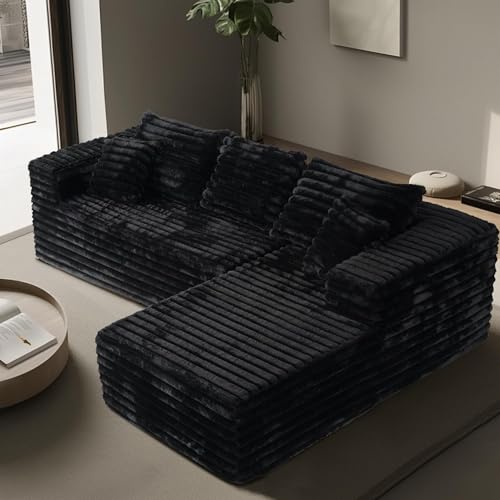 Image of 2 inch Corduroy Boneless Couches for Living Room, L Shape Sofa with Chaise | 102.4 inch Modular Sectional Sofa, Cloud Couch Sectional with Deep Seat, No Assembly, Black, Right Chaise