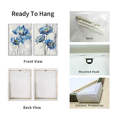 Tar Tar Studio Blue Flower Artwork Canvas Picture: Floral Painting Bloom Wall Art Print On Canvas For Dining Room (12''W X 16''H X 2 Pcs, Multiple Sizes/Material) #TOP6