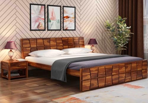 Image of SANKAT MOCHAN Industries Solid SHEESHAM Honey Brown Wooden King Size Bed Double Bed Furniture for Bedroom, Living Room, Home & Hostel (Honey Finish) Matters Size (6 * 6.5) (California King)