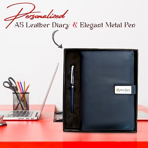 Image of SAVRI A5 Personalized Leather Diary & Engraved Pen - Custom Name Executive Notebook with Employee Name & Company Logo - Non-Dated, Joining Kit, Corporate Gift, Office, Travel & Birthday Gift (Blue)
