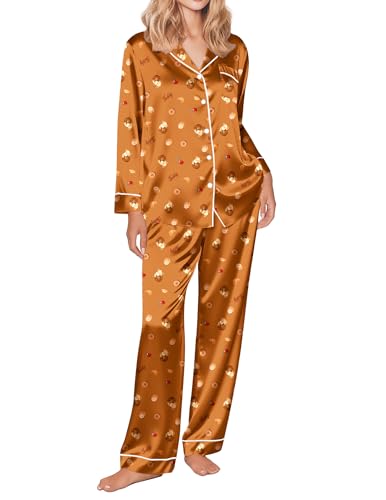 Ekouaer Silk Satin Pajamas for Women Teddy Bear Pjs Set Button Down Long Sleeve Loungewear Cute Sleepwear Brown Teddy M