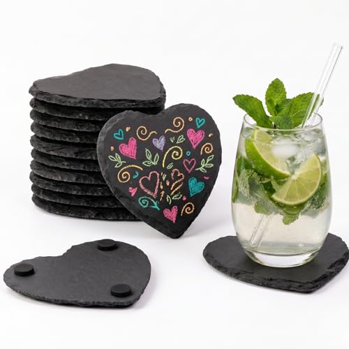 10 sottobicchieri in ardesia a forma di cuore, 10 x 10 cm, in ardesia naturale, resistenti al calore, antiscivolo, per bevande, decorazione da tavolo, matrimonio e idea regalo