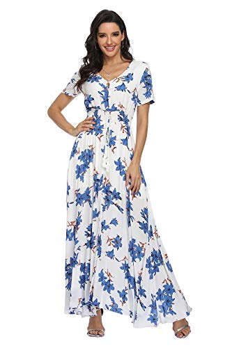 VintageClothing Women s Floral Print Maxi Dresses Boho Button Up Split Beach Party Dress, M