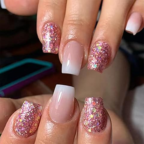 Sethexy Pink Gradient Square False Nails Short Glitter Fake Nails Glossy Press on Nails 24Pcs Acrylic Stick on Nails for women and girls Cover