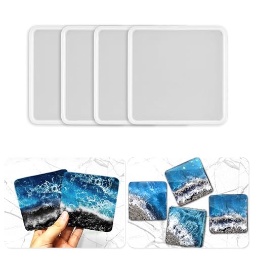 RESINWORLD 4 Pack 4 inches Square Coaster Molds, Shiny Coaster Silicone Mold for Resin, Geode Aagte Coaster Resin Molds