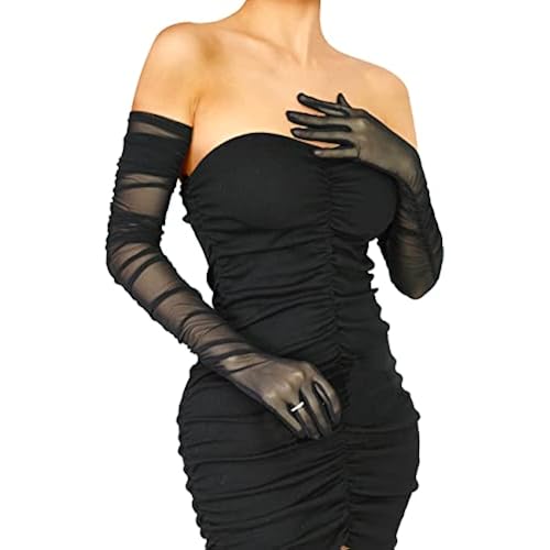 Stretchy Ruched Sheer Mesh Tulle Long Opera Gloves for Women