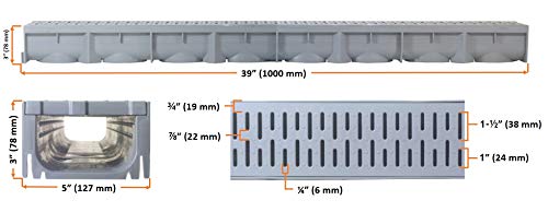 Image of URA WATER - Model UA-100 - Drainage Trench Set - Channel Drain With Grate - Gray Plastic - 3 x 39 inch - (117 inch Total Length)