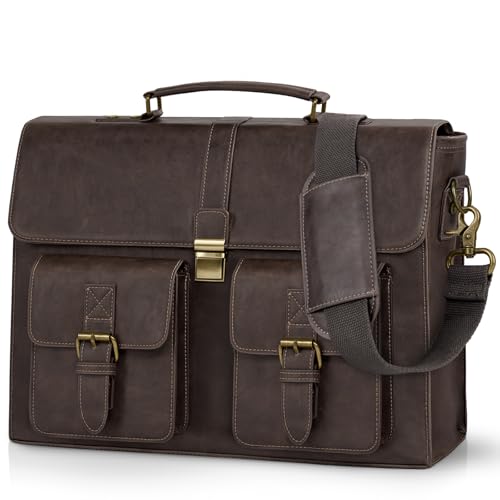 Image of RAINSMORE Mens Messenger Bag 15.6 Inch Leather Vintage Laptop Briefcase Waterproof Computer Laptop Bag Leather Satchel Bag Large Shoulder Bag for Office Work Travel College, Coffee