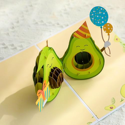 DORAFIORA® 3D Pop-Up Karte Avocado – Lustige Geburtstagskarte Avocado-Paar mit Ballons & Geschenk | Witzige Pop Up Karte für Kinder & Erwachsene | inkl. Umschlag