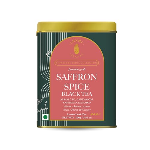 Image of Luxmi Estates Saffron Chai | 100 gm | Signature India collection | Assam CTC | Black tea collection | Strong Masala Chai | Antioxidants | Assam Valley tea | Kashmiri Saffron, Cinnamon, Natural Cardamom Extract