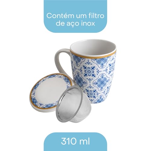 LYOR - Caneca de Porcelana Super White com Tampa e Filtro Lisboa Azul/Branca 310ml