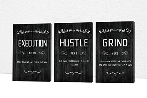 Office Wall Art - 3 Panel Motivational Wall Art, Inspirational Quotes Canvas Art for Home Office Wall Decor, Positive Quotes Wall Decor, Entrepreneur Grind Hustle Execution Poster Frame (24”x36”x3Pcs)