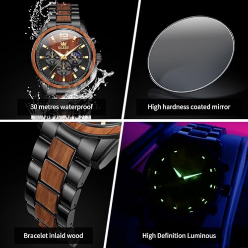 Image of OLEVS Men Watch Wooden Accent Band Multi Function Dial Luminous Waterproof Casual Luxury Business Watch