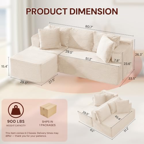 Image of Korser Boneless Couches for Living Room, Cloud Couch Sectional with Ottoman, L-Shaped Sofa with Fluffy Comfy Corduroy Deep Seat, Bedroom, Apartment, No Assembly Required