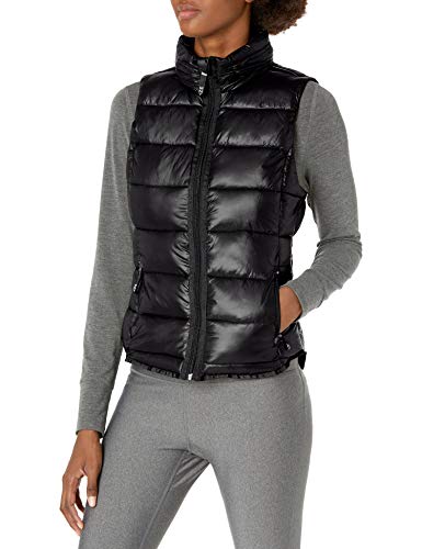 Marc New York Performance Women's Center Front Puffer Vest W/Pu Trim and Sweat Knit Back, BLACK, Large