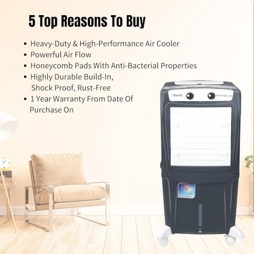 Image of BHABURLY | Eazycool 45 L Room Personal Air Cooler | 4-Way Air Deflection | 2350 CMH Ice Chamber, Anti-Bacterial Honeycomb Pad, 3-Speed Control, Castor Wheels, Inverter Compatible, 200 sqft Floor Area
