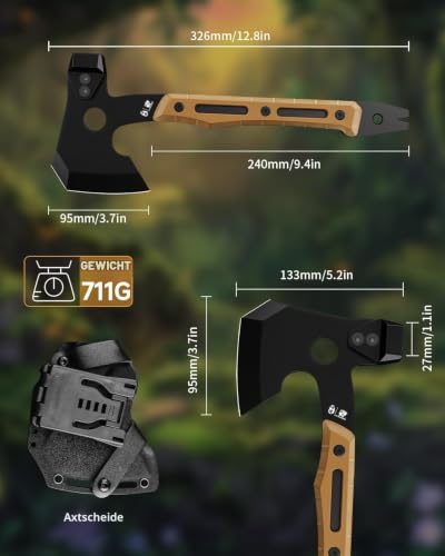 HX OUTDOORS Multifunktionale Axt, Volltang Überleben Camping Taktische Axt Beil, Titanbeschichtete Klinge G10 Griff Camp Bushcraft Handbeil… – Ansicht 7