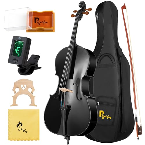 Poseidon Cello 4/4 Size, Acoustic Cello for Beginners Set with Portable Case, Bow, Bridge, Rosin, for Students & Adult String Instruments - Sparkling Black