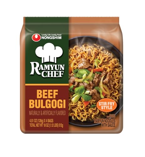 Nongshim Ramyun Chef, Stir Fry Style Instant Ramyun Noodles with Sauce Mix, Beef Bulgogi, 4.51 Oz (Pack of 4)