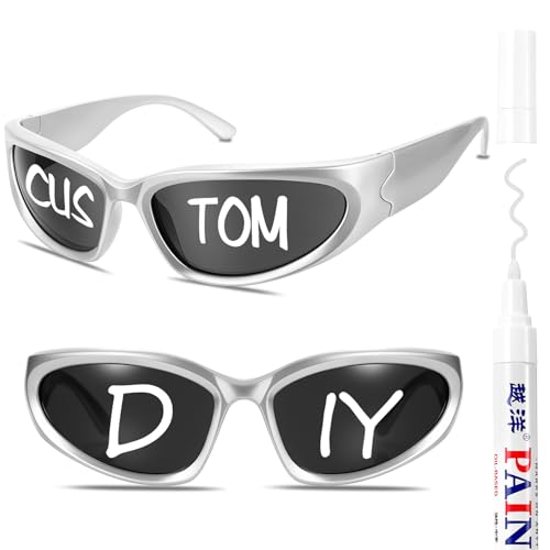 Flutesan 1 Pcs Personalized Y2k Wrap Around Sunglasses with 1 Marker for Adult DIY Rapper Glasses Costume Accessories(2 Pcs Silver Frame)