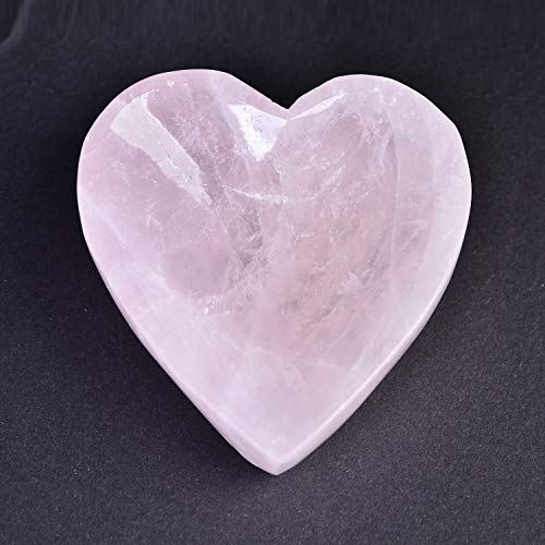 JIC Gem Natural Rose Quartz Stone Bowl Heart Shape Healing Crystal Decorative Bowl Jewelry Tray Home Office Decor Small