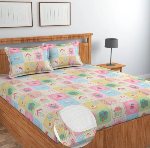 Image of NHD HOME Cotton Fitted King Size Double Bedsheets with 2 Pillow Covers | Elastic Fitted | Wrinklefree | Ultrasoft |All Season Bedsheet 210 tc tc Floral | 78 x 72+8 Inches, Pastel Multicolor