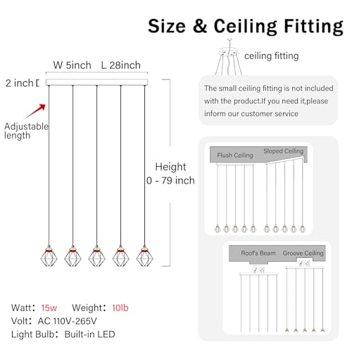 5-Lights Rectangular Pendant Light LED Dimmable Linear Crystal Chandelier Modern Rectangular Chandeliers for Dining Room Bedroom Black Hanging Light by Shial Lighting - Image 4