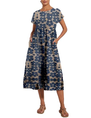 Image of LARMLISS Baggy Crew Neck Dress for Women Summer Casual Comfy Cotton Short Sleeve Tunic Beach Maxi Dresses with Pockets