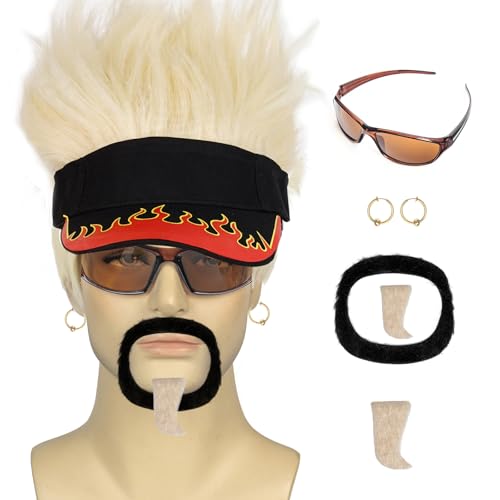 QACCF Funny Flame Visor Cap with Blonde Spiked Blonde Hair Sunglasses Fake Beard Gold Earrings for Halloween Dress Up Party (Yaki Style)