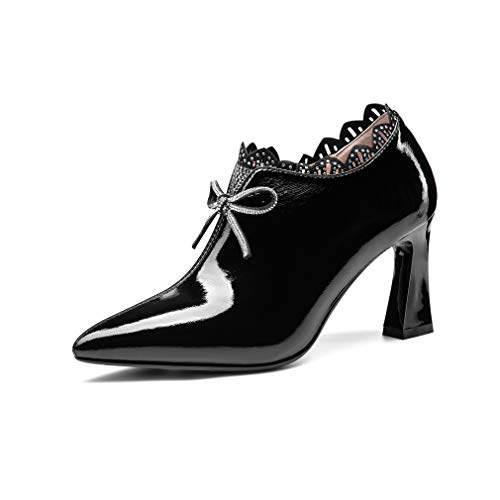 TinaCus Women's Handmade Glossy Patent Leather Pointed Toe Mid Heel Side Zip Up Pump Shoes with Cute Bowtie