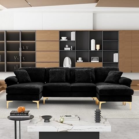 OUYESSIR U-Shaped Sectional Sofa for Living Room, 4 Seat Sofa Set Convertible L-Shaped Couch Set with Chaise Lounge, Ottoman and Pillows,114 inches, Black Velvet Cover