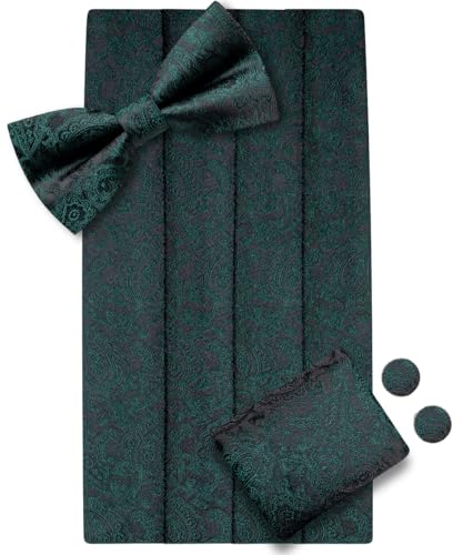Image of Dubulle Mens Cummerbund and Bow Tie Set Paisley Floral Pretied Bowties for Men Pocket Square Cufflinks Wedding Business