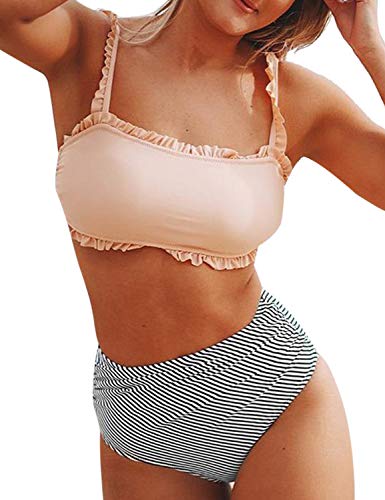 Blooming Jelly Womens High Waisted Bikini Set Tummy Control Two Piece Swimsuits Striped Ruffle Swim Suit (Small, Colorblock)