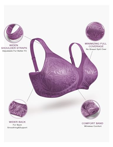 Deyllo Women\'s Full Coverage Plus Size Comfort Minimizer Bra Wirefree Non Padded(Purple,48DDD)