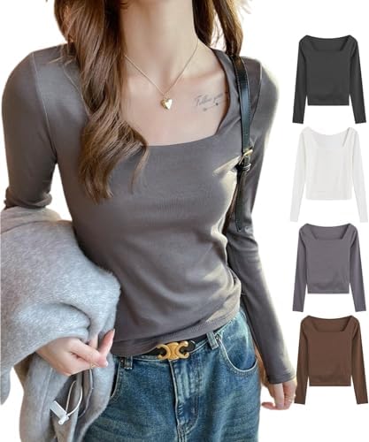 Women's Square Neck T-Shirt, Cotton, Cut and Sewn, Ribbed, Long Sleeve, Top, Inner, Tight Fit, High Elasticity, Slimming, Double Layered Fabric, Not See-through, Soft, Plain, Simple, Casual