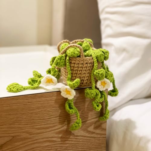Crochet-Plant-for-Car-Cute-Rearview-Mirror-Hanging-Accessories-Handmade-Knitted-Crochet-for-Women-Aesthetic-Hanging-Basket-Pendant-Plant-for-Gift-House-Decoration-White-Flowers