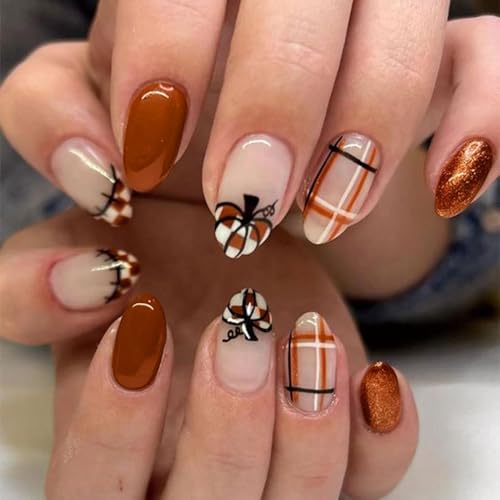 24Pcs Fall Press on Nails Short Almond Fake Nails Brown Gold Glitter...