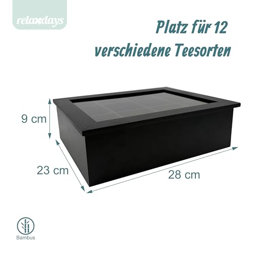 Foto von Relaxdays Teebox, 12 Fächer, Bambus, Teebeutel Aufbewahrung, Teekiste mit Sichtfenster, HxBxT: 8 x 28 x 23 cm, Farbwahl