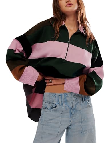 Image of Womens Striped Sweater Quarter Zip Sweater Drop Shoulder V Neck Y2k Pullover Sweaters