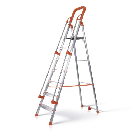 Aluminium Ladder for Home 7 Steps Foldable with Railing & Anti-Skid Wide Steps | 7 Step Ladder for Home Use, Kitchen & Household | 250 Kg Load Capacit