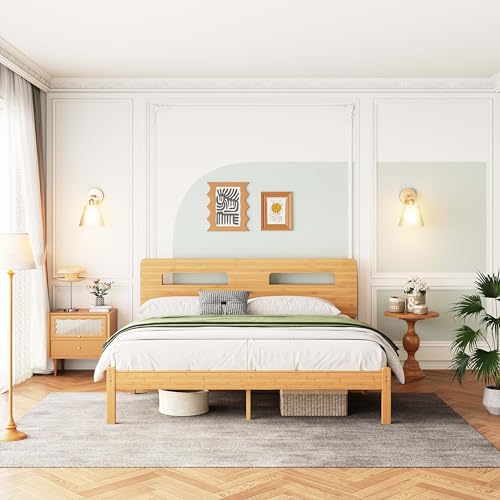 Image of ZIYOO King Size Bamboo Bed Frame with Storage Headboard, 14 Inch | Heavy Duty No Box Spring Needed Easy Assembly No Noise Modern Style for Bedroom Hotel Guest House