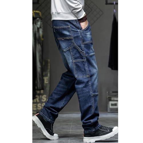 Mens Loose Fit Washed Jeans Vintage Straight Leg Denim Pants with Flap Pocket 28-443