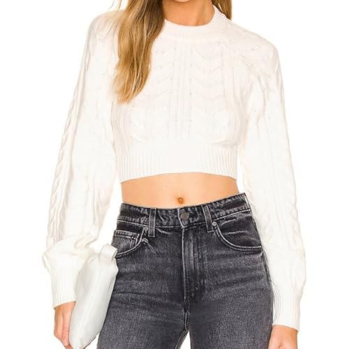 Image of Woman Sexy Open Back Cable Knit Sweater Casual Long Sleeve Knit Crop Tops Fall Crew Neck Tie Up Back Pullover (White, L)