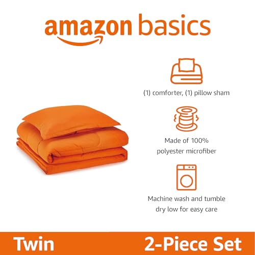 Image of Amazon Basics 2-Piece Soft Microfiber Kids' Comforter and Pillow Sham Set, Twin, Bright Orange, Solid