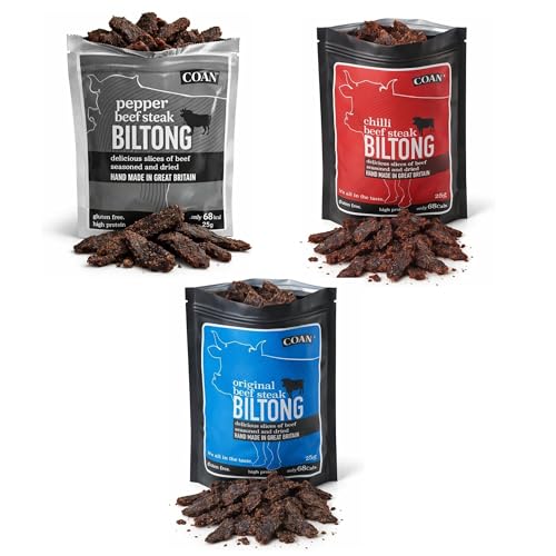 COAN Beef Biltong | 3 x 25g - High Protein Low Carb Savoury Snack - 15g Protein Per Bag - Made With British Beef (PAck of 3 Mix Bundle)