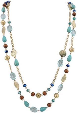 Bocar 14K Gold Plated Link Chain 2 Layer Crystal Wood Acrylic Colorful Women Party Long Necklace Gift (084)
