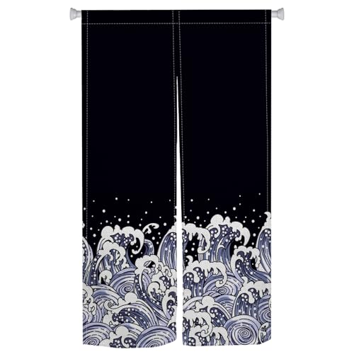 XMJJKUF Noren Japanese Doorway Curtain Fengshui Window Treatment Door Curtains Tapestry Navy Blue Waves Pattern Panel Polyester for Ukiyoe Room Privacy Divider Home Kitchen Decorations,34"x 48"