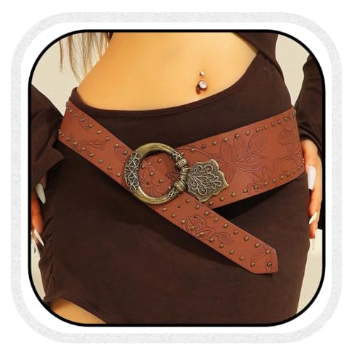 COSYDAYS Wide Western Vintage Belt Brown Boho Floral Leather Waist Belts Accessories for Women